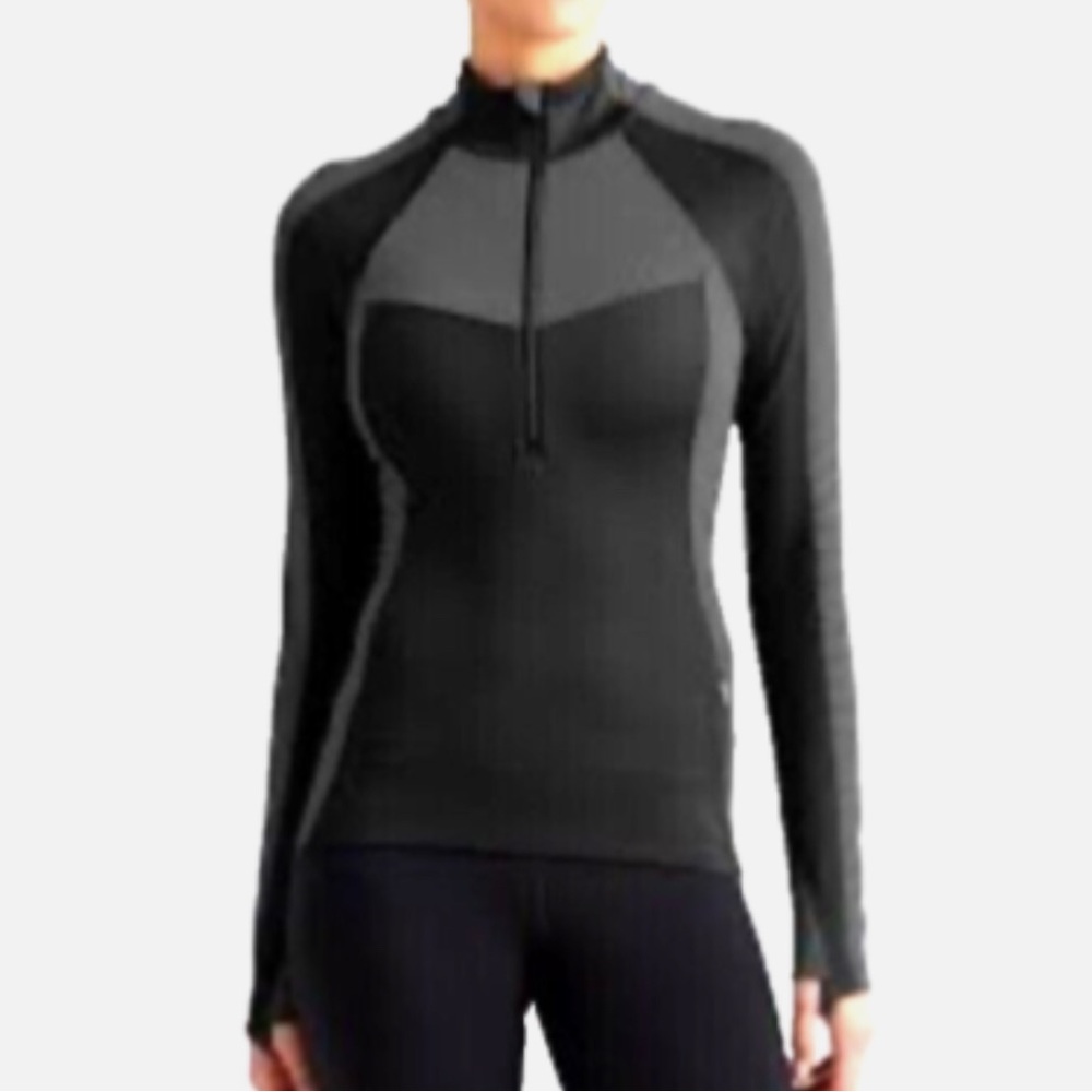 Athleta | Black/Gray Striped 3/4 Zipped Pullover Sz S - Picture 1 of 12